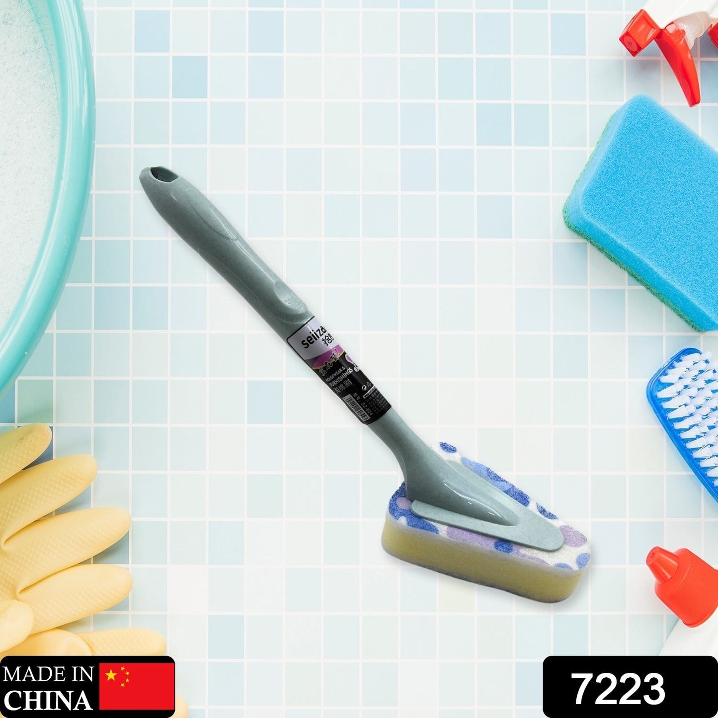 Triangular Sponge Brush – Long Handle Multipurpose Kitchen & Bathroom Cleaning Tool