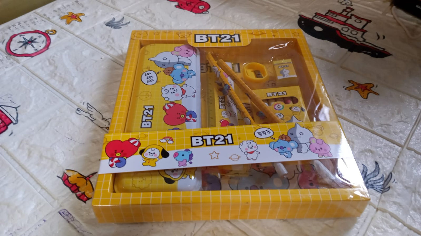 Stationery Kit for Kids - Metal Pencil Box, Sharpener, Pencil & Eraser (12 Pc Set)