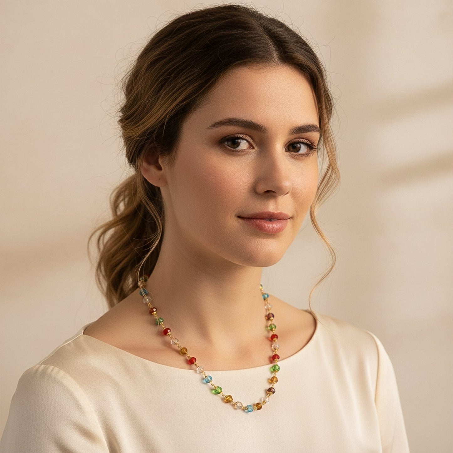 Multicolour Crystal Beaded Necklace with Gold-Tone Links (1Pc)