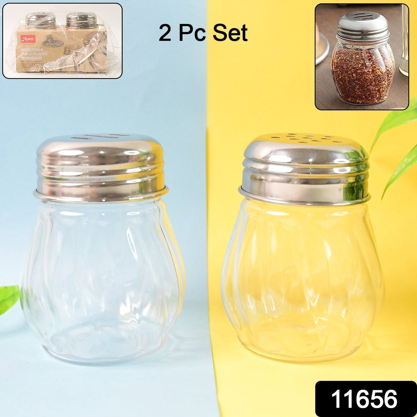 Apex Oregano & Chilli Flakes Dispenser Set – 2 Pcs Plastic Spice Shaker with Stainless Steel Lid