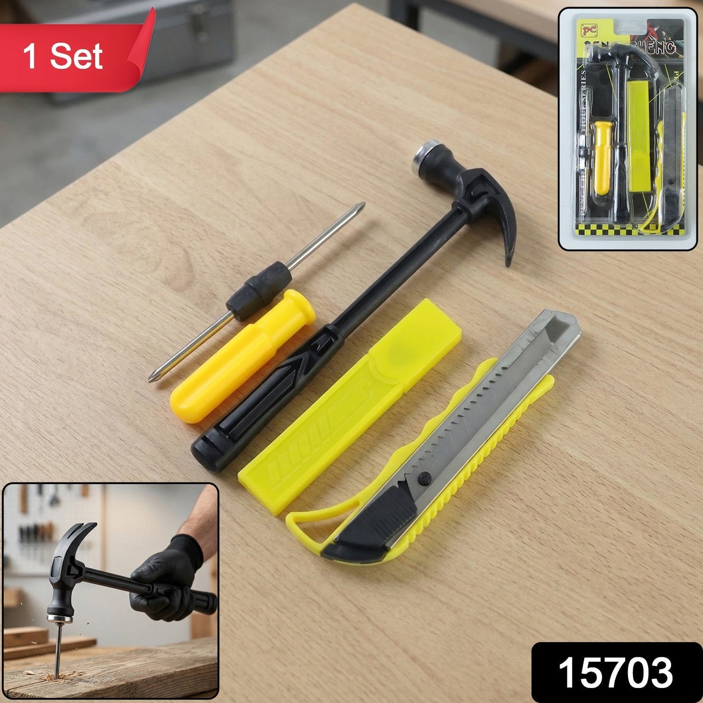 Mini Hardware Tool Kit with Hammer, Screwdriver & Cutter Set