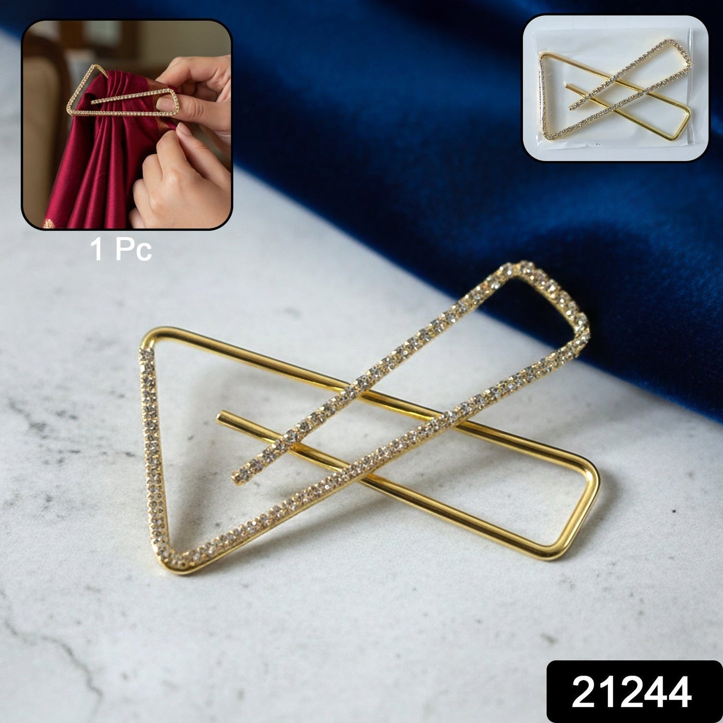 Premium Golden Crystal Triangle Saree Safety Pin Brooch (1 Pc)