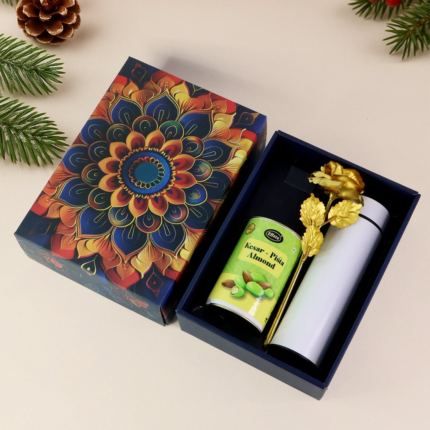 Effete Kesar Pista Almonds Gift Hamper, Golden Rose With Bottle (3 Pc Set)