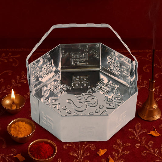 Traditional Stainless Steel Octagon Pooja Basket 1 Pc with Handle
