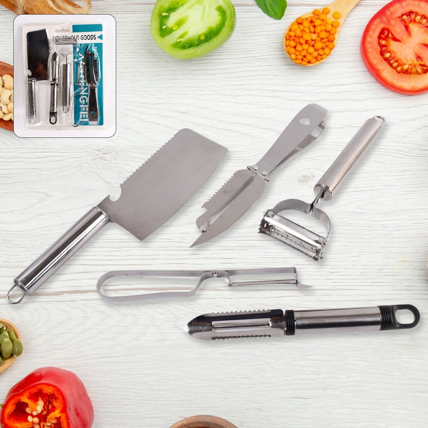 Multifunctional peeler, grater, fruit peeler, kitchen household gadget set (5 Pc Set)