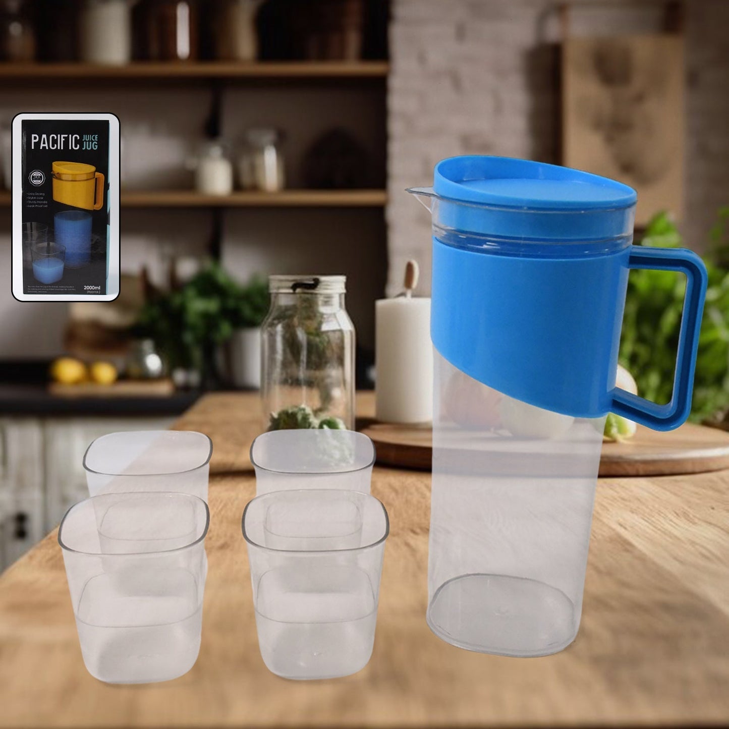 Transparent Stylish Premium Jug with Elegant Handle (2000 ML Jug Approx & 4 Pcs Plastic Glass)