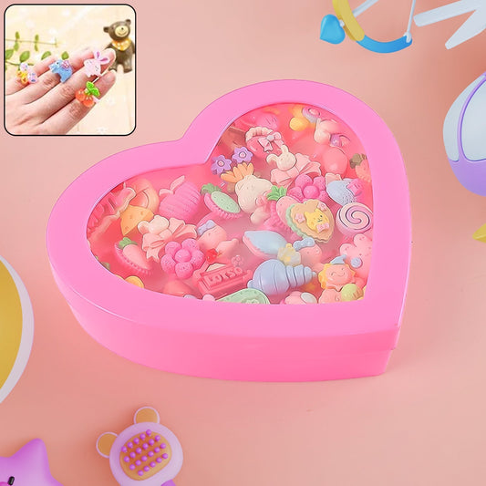 Adorable Playful Decorative Rings For Children In Heart Shaped Storage Box (35 Pcs Aprpox