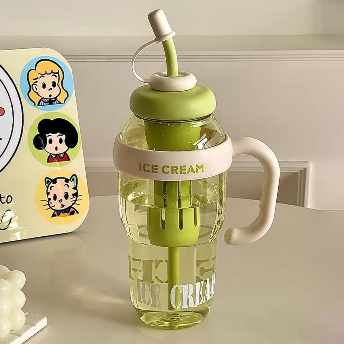 Approx 1300ML Large Capacity Cute Ice Cream Themed Water Bottle with Handle, Straw & Fruit Infuser â€“ Leakproof Sipper for Kids & Adults
