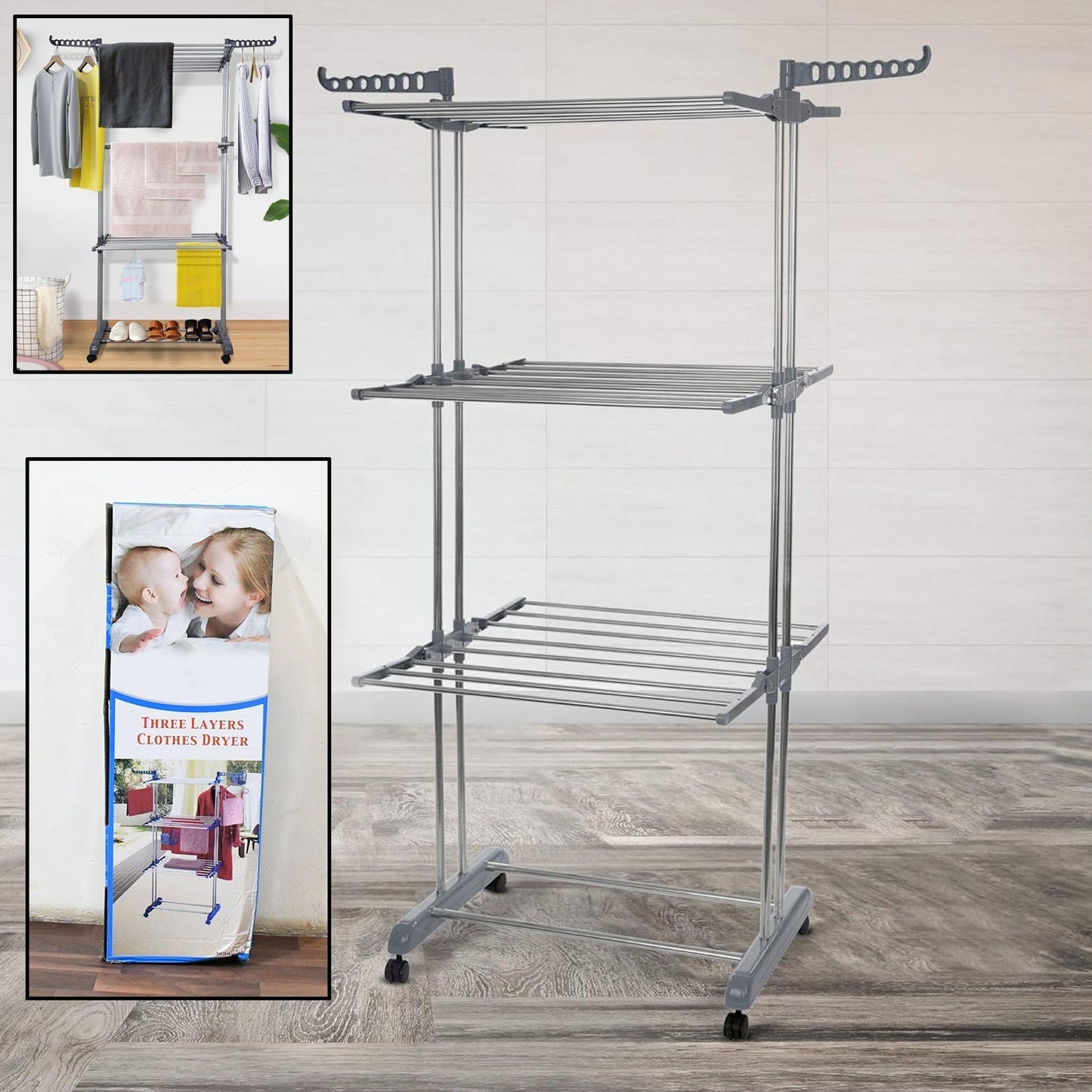 Premium Heavy Duty Stainless Steel 3 Layer Foldable Cloth Drying Stand (1 Set / With Color Box)