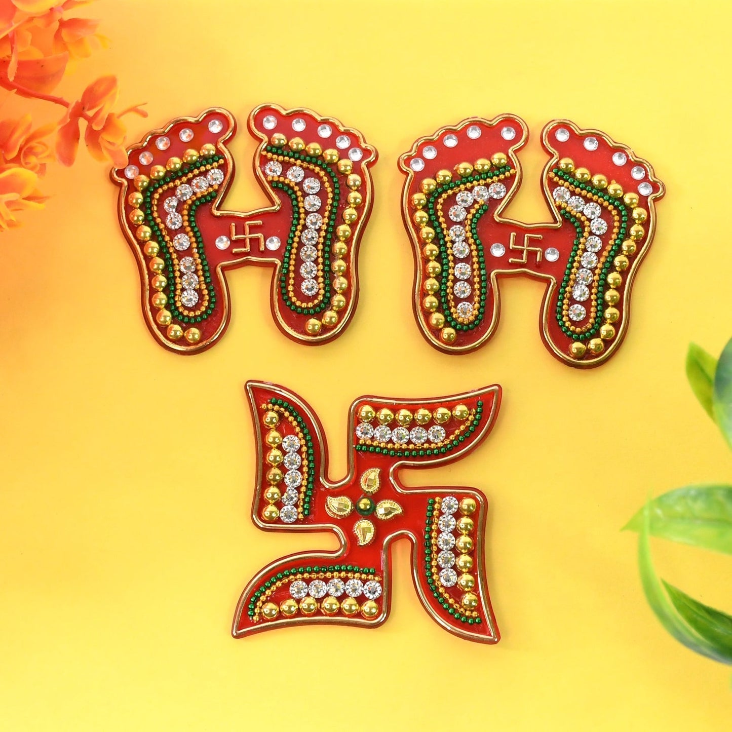 Decorative Laxmi Charan (Pagla) & Swastik Combo Set (3pc Set)