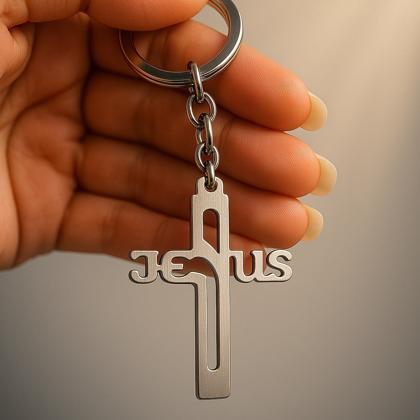 Elegant Metal Cross Keychain with Gujarati "Jesus" Script â€“ Religious Faith Key Ring