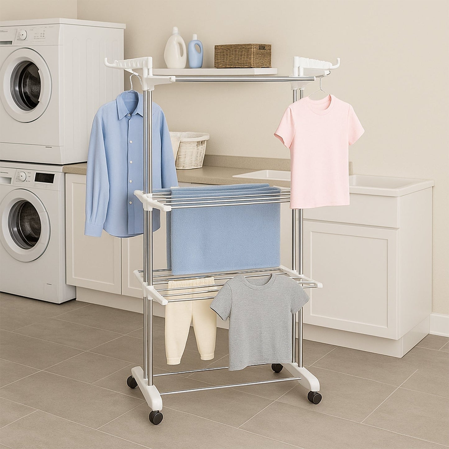 3-Tier Foldable Stainless Steel Cloth Drying Stand with Wheels