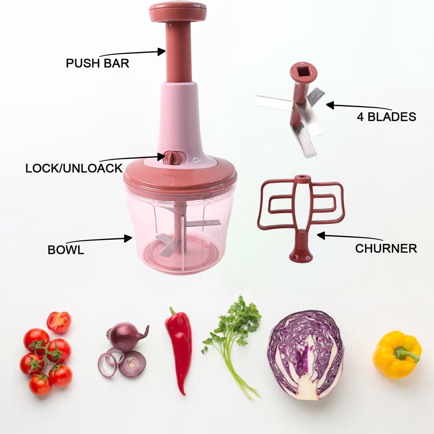 Apex  Quba Push Chopper with Stainless Steel Blades (1000ml)