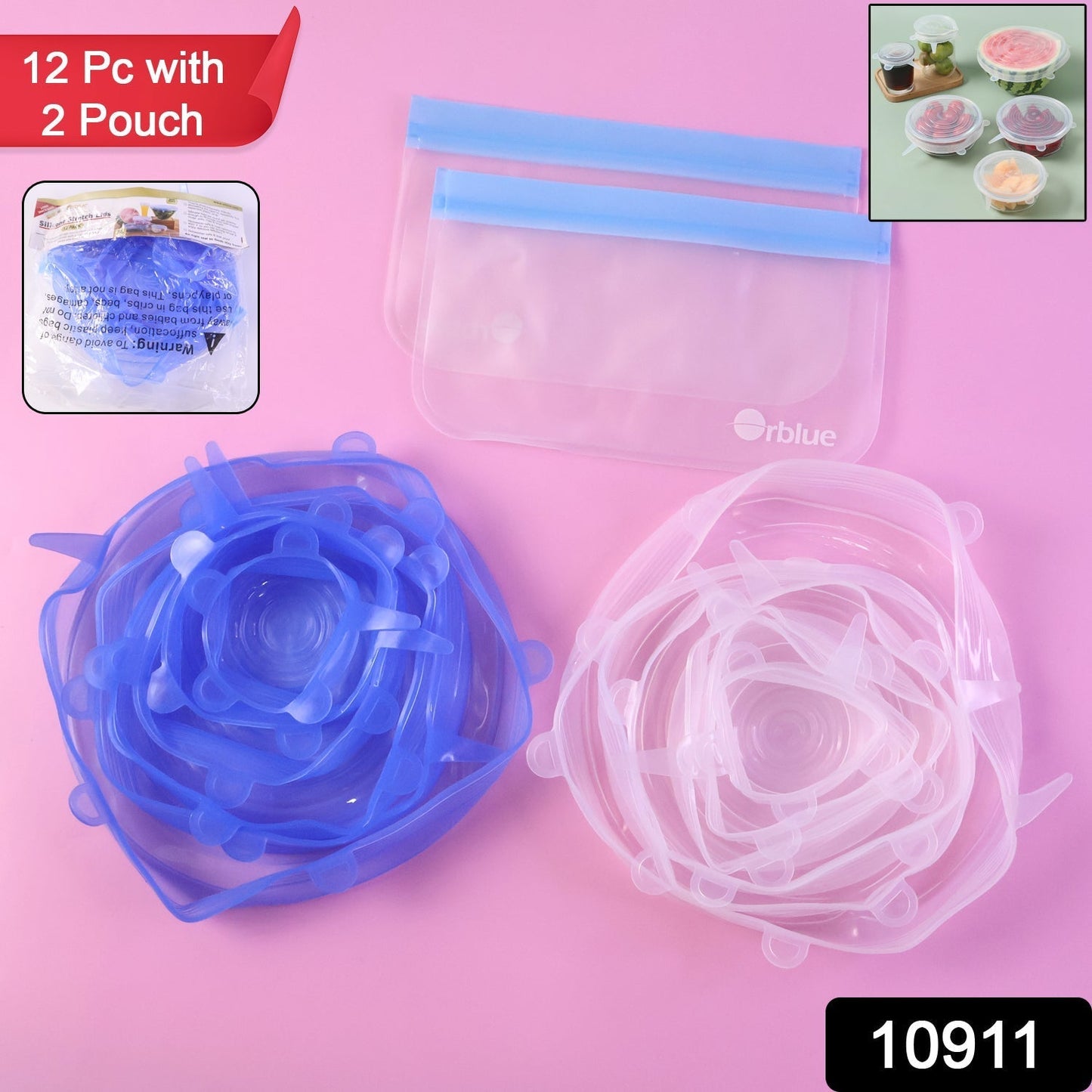12 Peace Reusable Stretch Lids Set with 2 Storage Pouches â€“ Flexible Food Cover Lids
