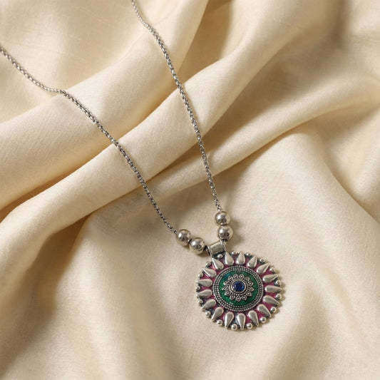 Oxidized Silver Finish Traditional Round Mandala Pendant Necklace (1 pC)