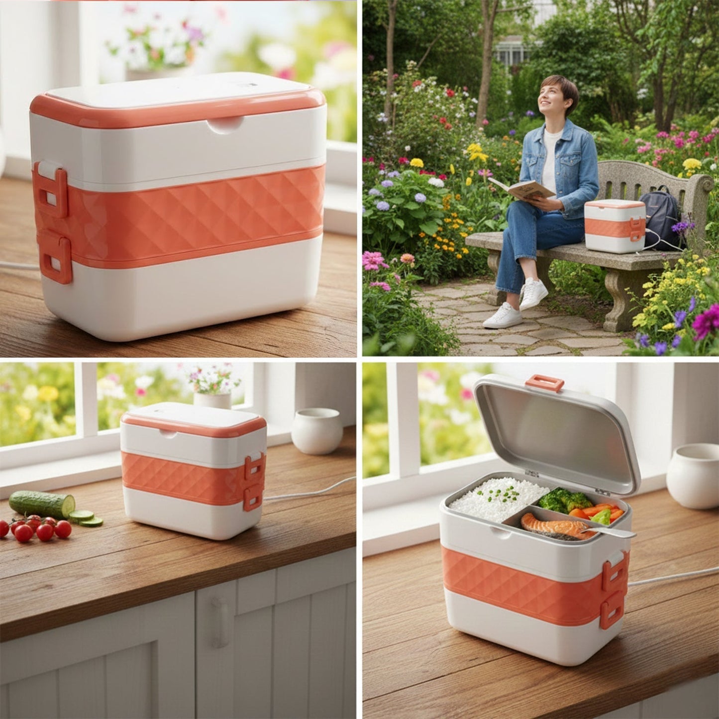 Electric Heated Lunch Box with Stainless Steel Inner Containers (1 Set)