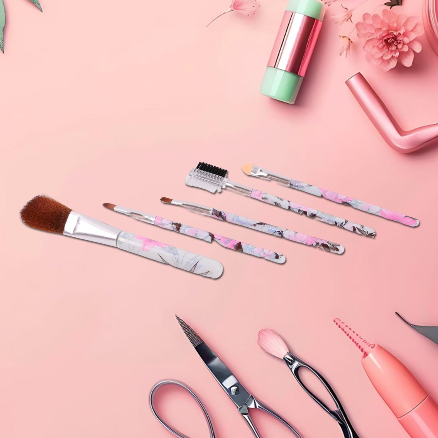 Floral Makeup Brush Set for Eyes, Lips, and Face (5 Pc)