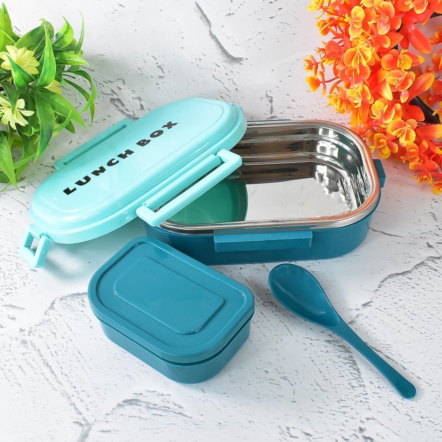 3 in 1 Spicy Bite Stainless Steel Lunch Box With Plastic Small Box & Spoon (1 Set)