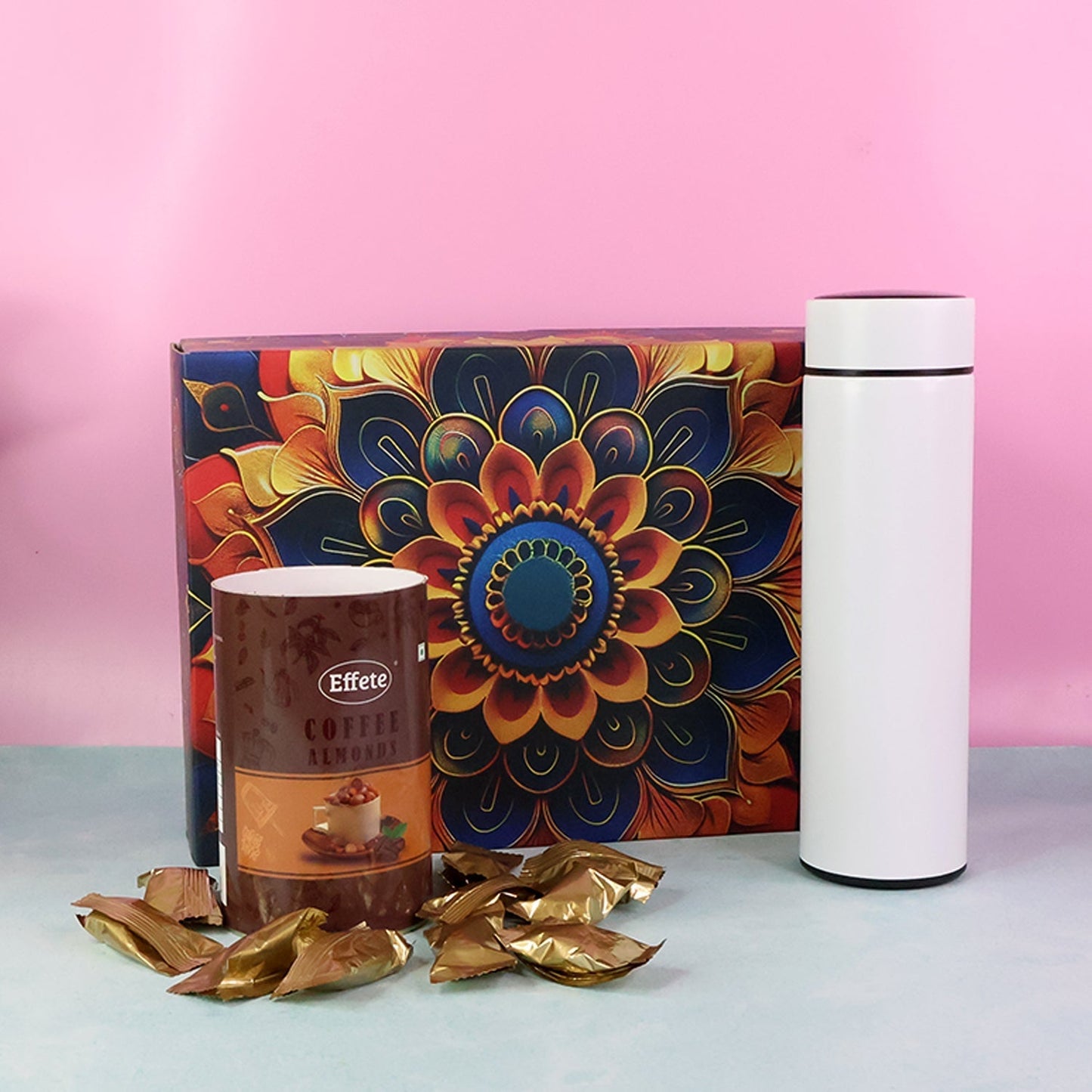 Effete Coffee Almonds Gift Hamper, Golden With Bottle (2 Pc Set), Mix Color