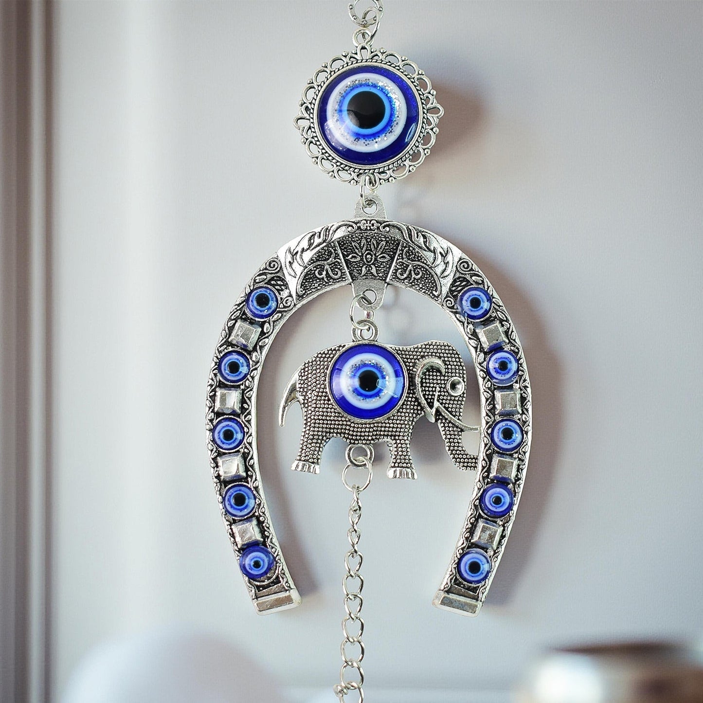 Decorative Evil Eye Hanging with Elephant and Horseshoe Motif,  Wind Chime (1 Pc)