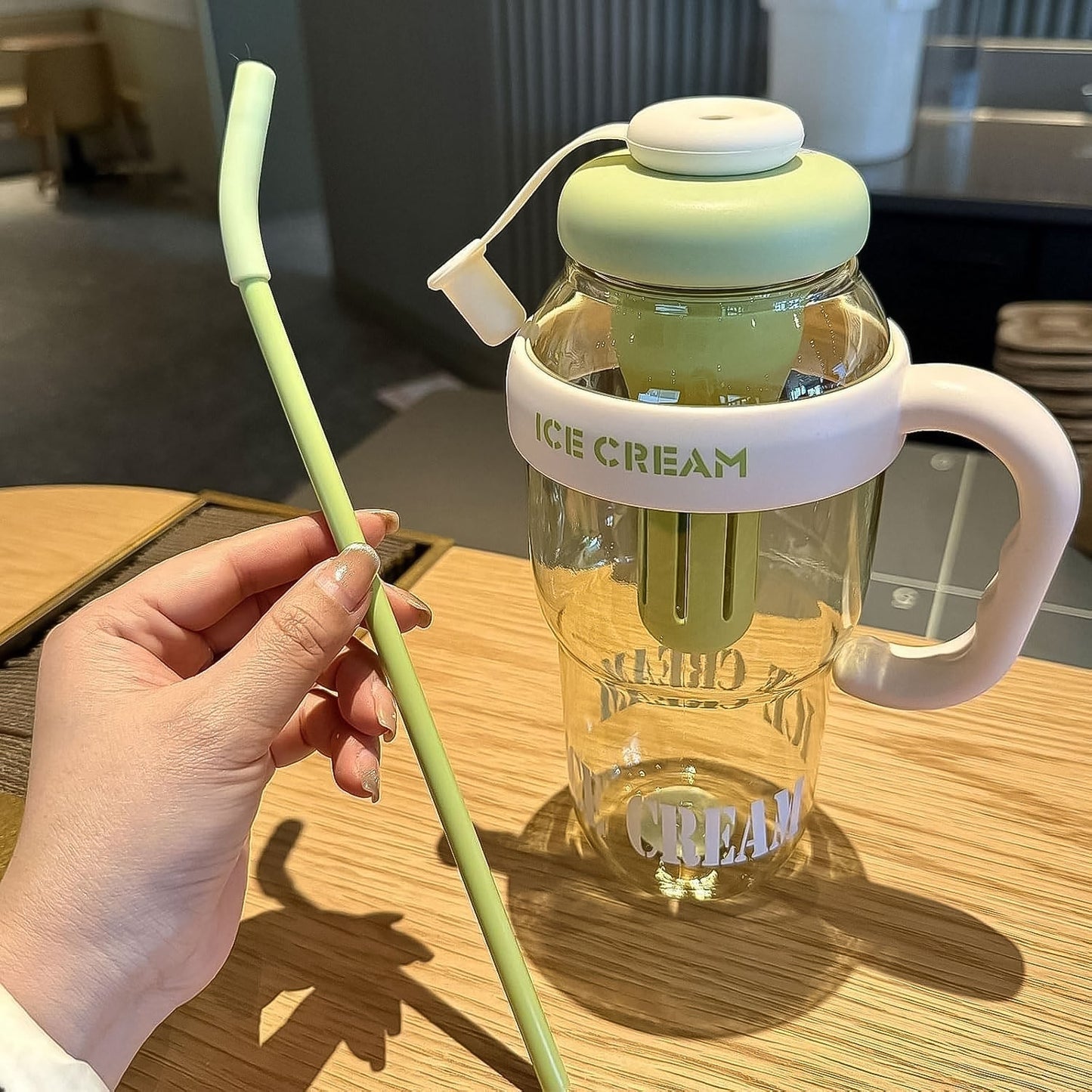 Approx 1300ML Large Capacity Cute Ice Cream Themed Water Bottle with Handle, Straw & Fruit Infuser â€“ Leakproof Sipper for Kids & Adults