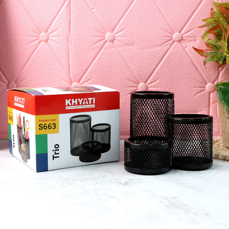 Khyati Trio Metal Mesh Pen Stand â€“ 3-in-1 Round Desk Organizer Set