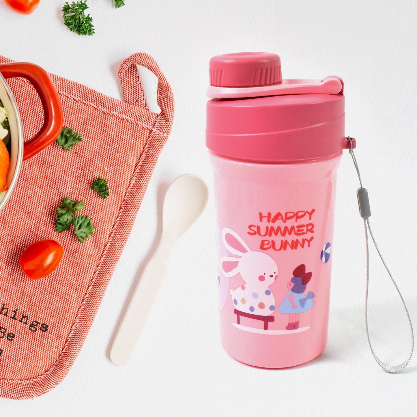 Plastic Lunch Box Leak Proof 2 Compartment with Bottle and Fork (1 Set / Mix Color)
