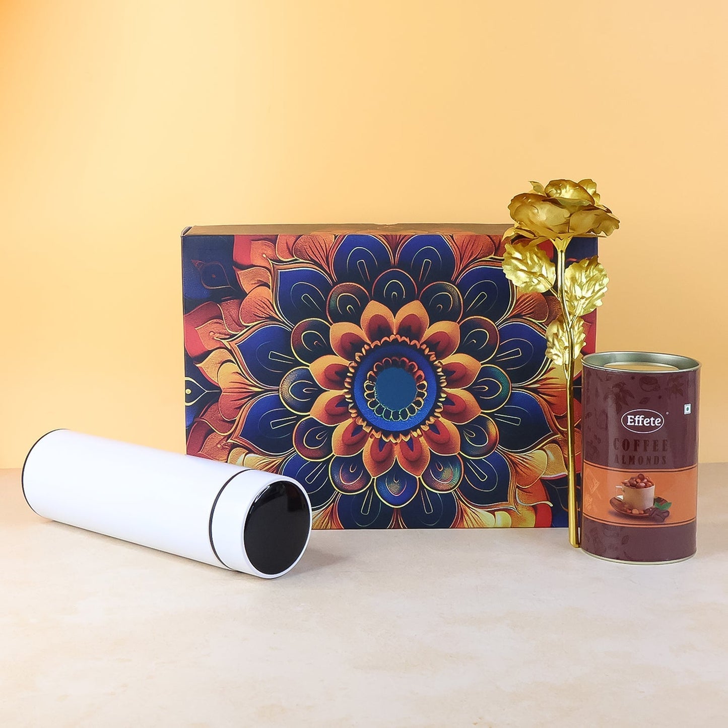 Effete Coffee Almonds Gift Hamper, Golden Rose With Bottle (3 Pc Set), Mix Color