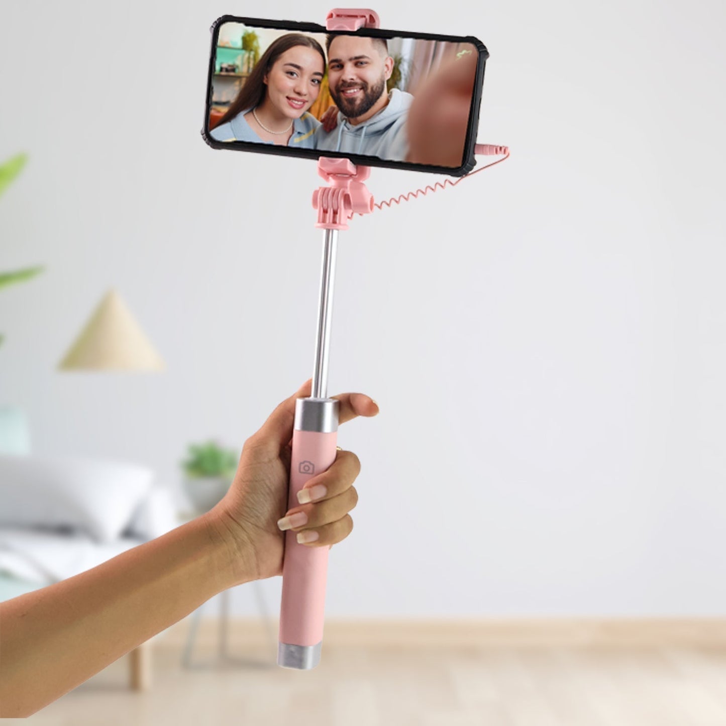 Wired Selfie Stick with Rearview Mirror & Built-In Shutter Button (1 Pc)