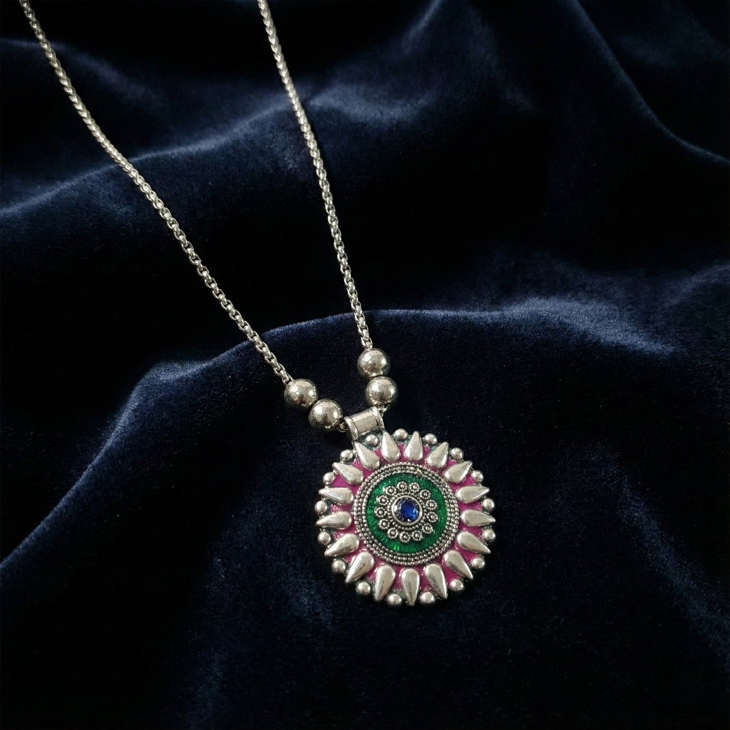 Oxidized Silver Finish Traditional Round Mandala Pendant Necklace (1 pC)
