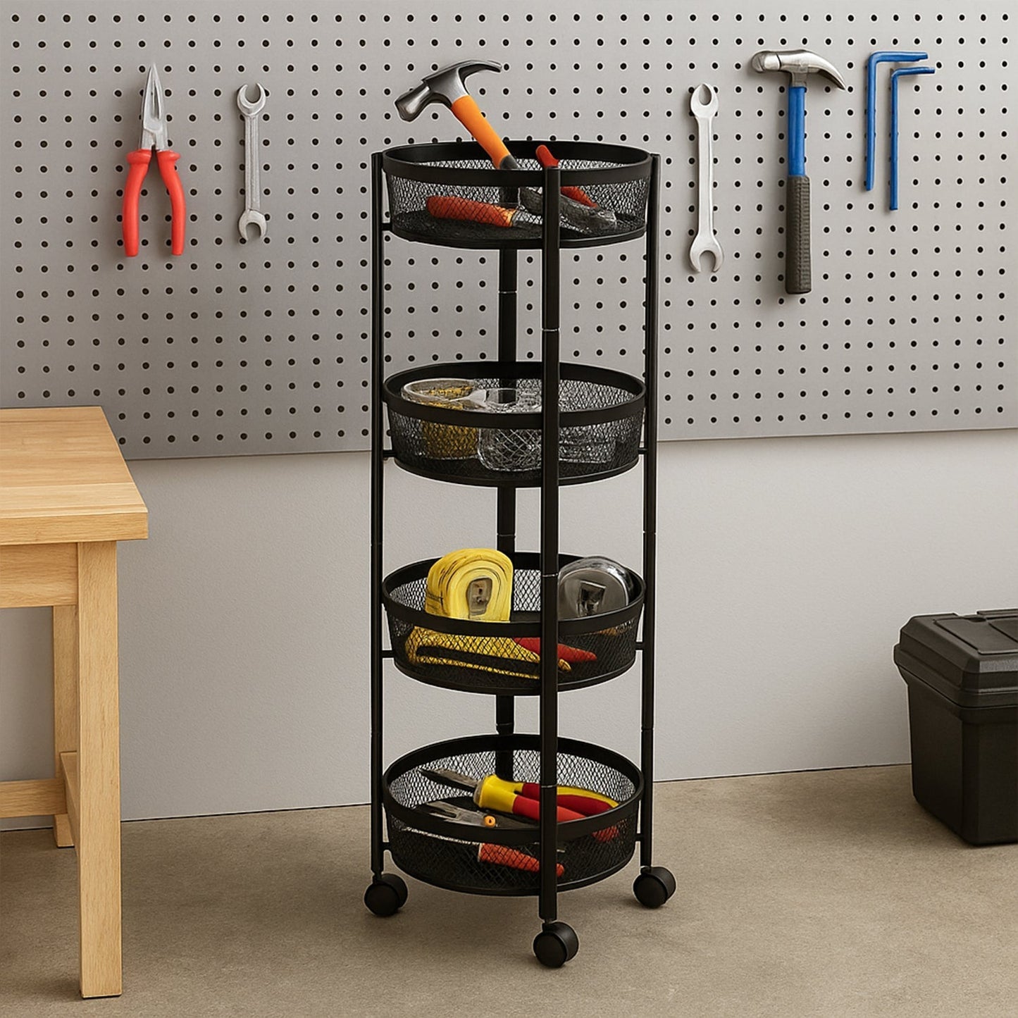 4-Layer Round Metal Folding Storage Trolley with Mesh Baskets and Wheels â€“ Multi-Purpose Organizer Rack (1 Pc)