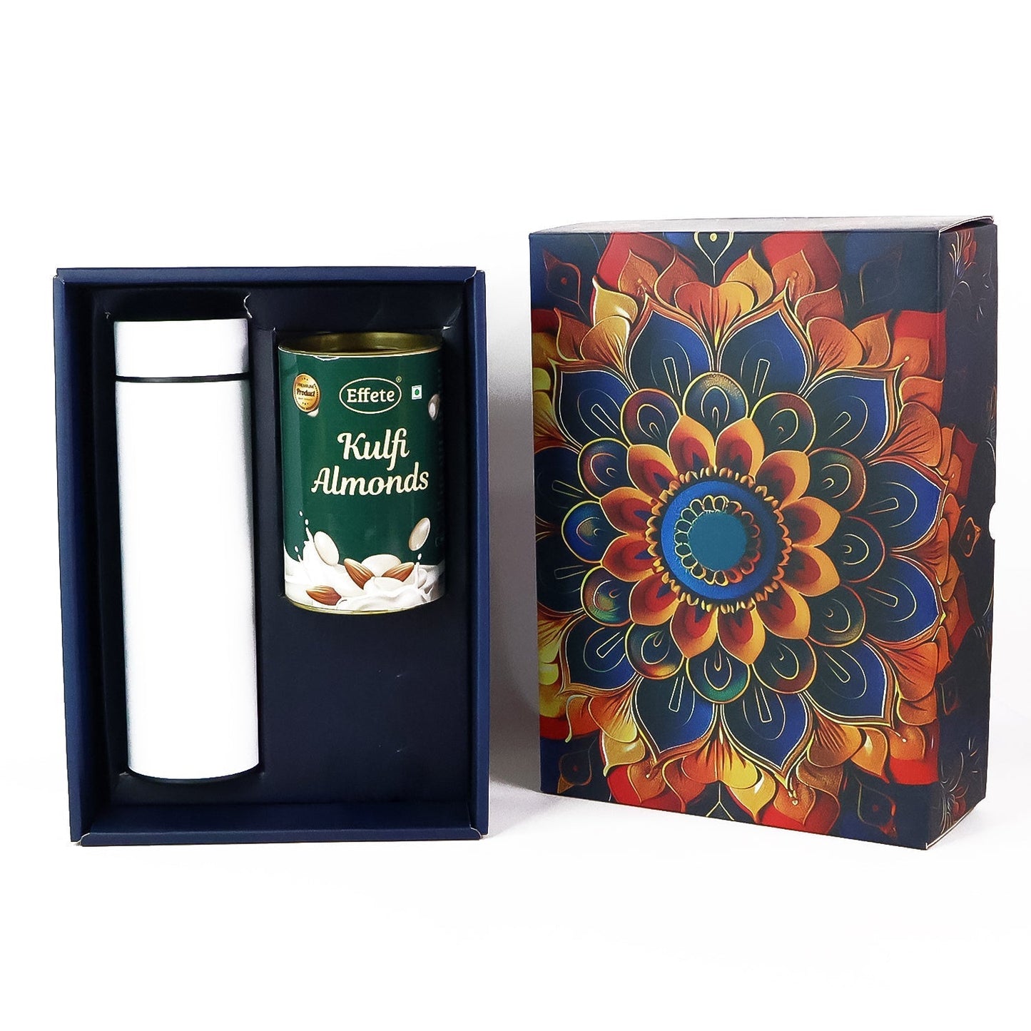 Effete Kulfi Almonds Gift Hamper, Golden With Bottle (2 Pc Set), Mix Color