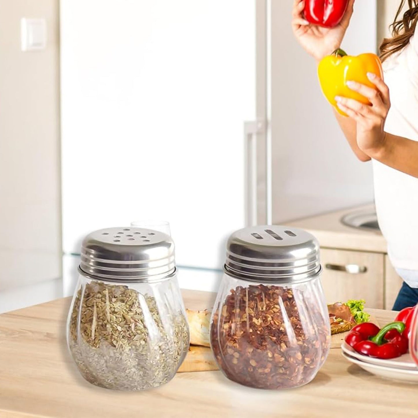 Apex Oregano & Chilli Flakes Dispenser Set â€“ 2 Pcs Plastic Spice Shaker with Stainless Steel Lid