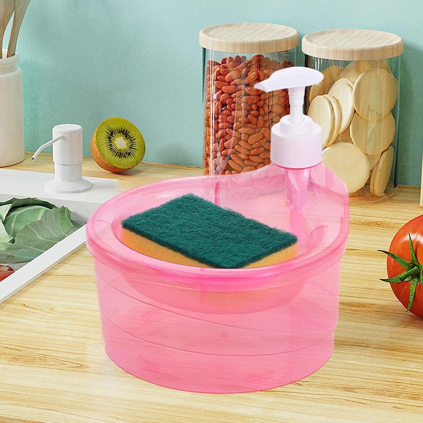 2-in-1 Double Layer Liquid Soap Dispenser with Pump & Sponge – Practical Kitchen & Hotel Sink Soap Pump Bottle (Rectangle)