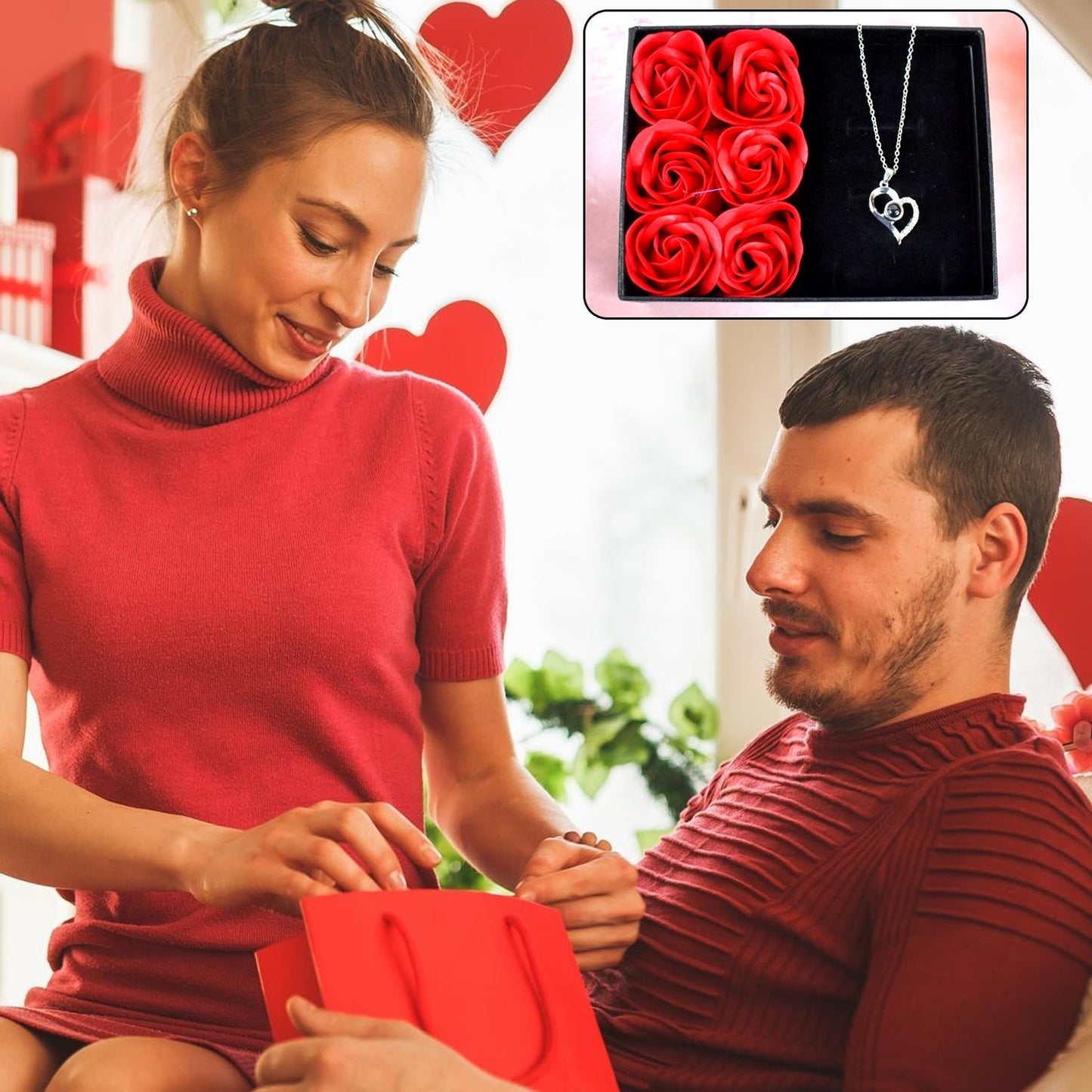 Rose Flower Gift Box, Handmade Eternal Rose with I Love You Necklace, Valentine's Day,