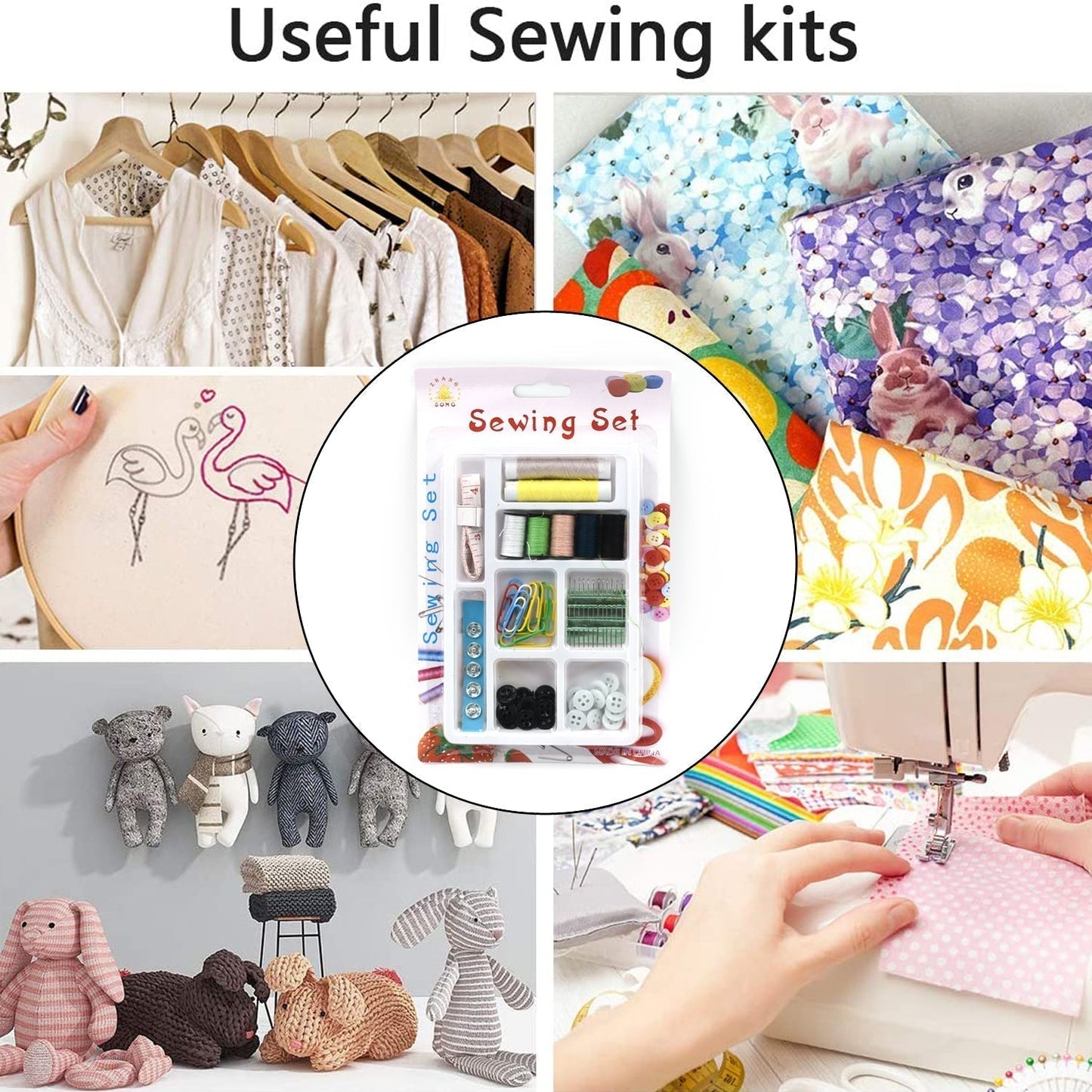 62 Pc Sewing Set used for sewing of clothes and fabrics including all home purposes.