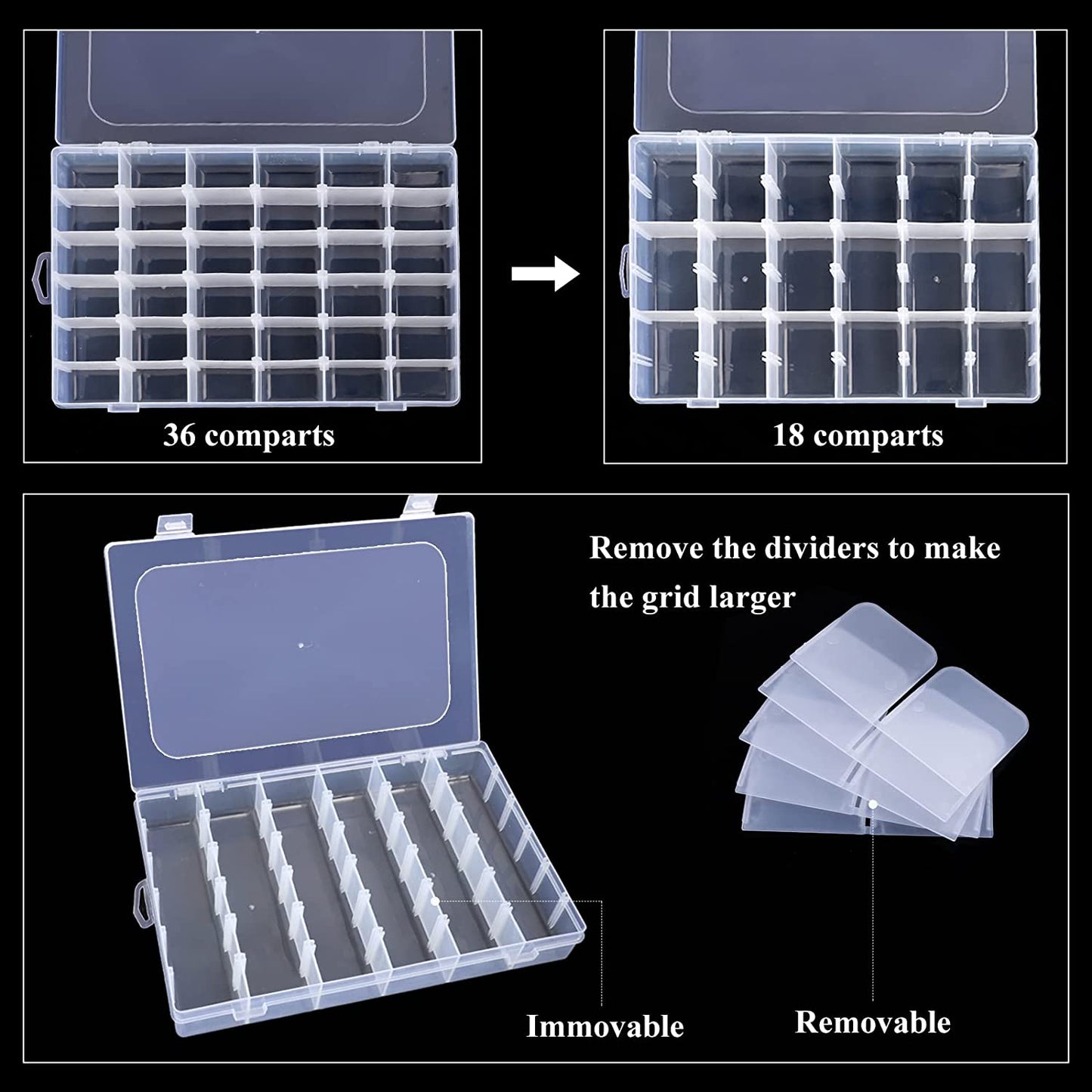 36 Grids Clear Plastic Organizer Box with Adjustable Compartment Dividers, Jewellery Storage Organizer Collection Box (1 pc )