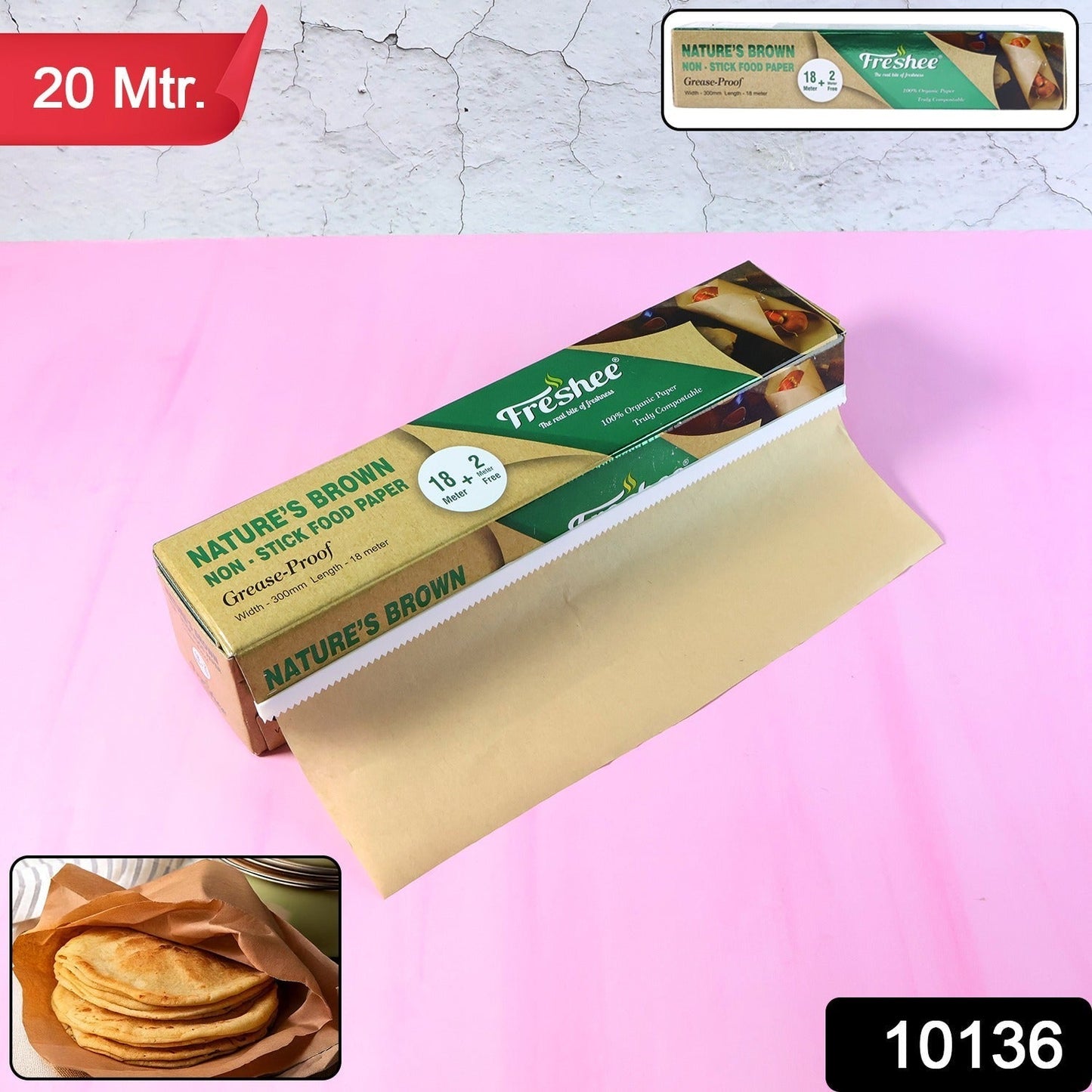 Freshee Natureâ€™s Brown Non-Stick Food Paper 18 Meter + 2 Meter Free (Total 20 Meter)