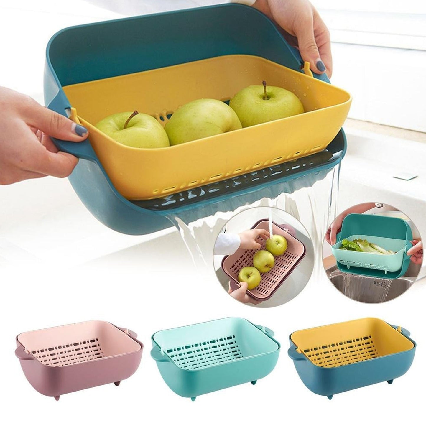 Multifunctional BPA Free Double Layered Plastic Rotatable Strainer Basket  (Multicolor)