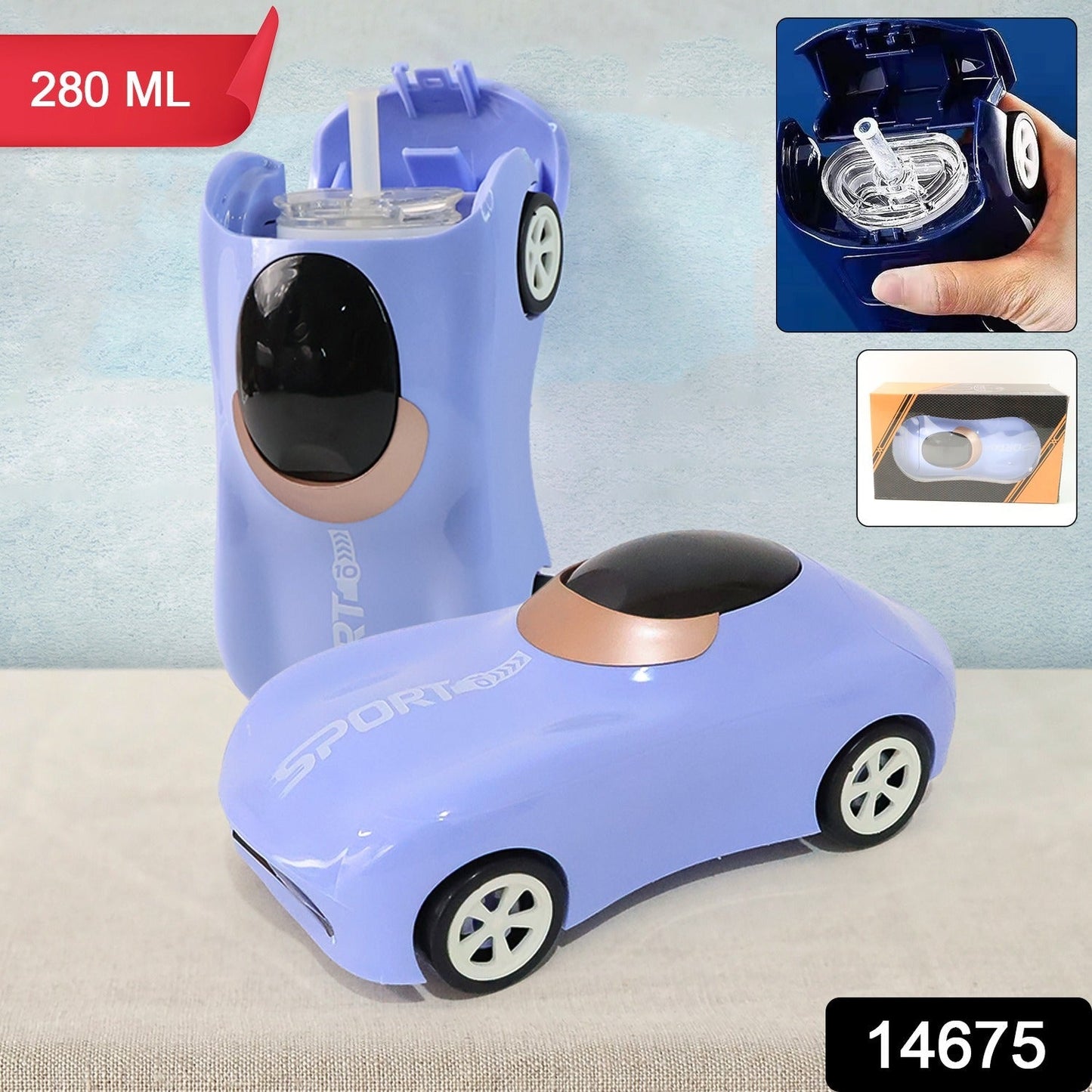 Car Shape Water Bottle with Built-in Straw 280ml (1 Pc)