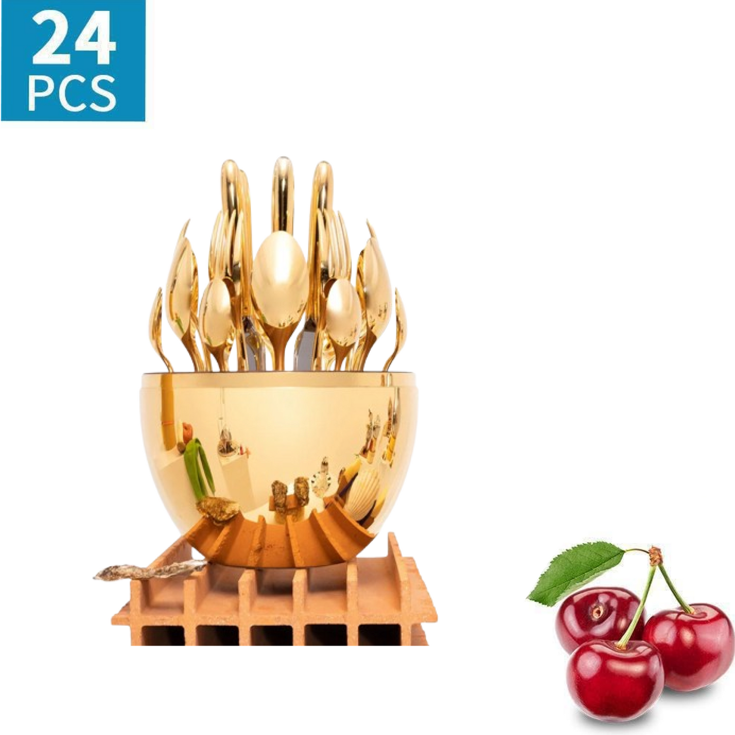 Premium Cutlery Set 24 Pcs with Oval Shaped Stand | Beautiful Stylish Oval Designed Cutlery Sets, Egg-Shaped Luxury Spoon Holder SetÂ  (Golden / 24 pcs set)