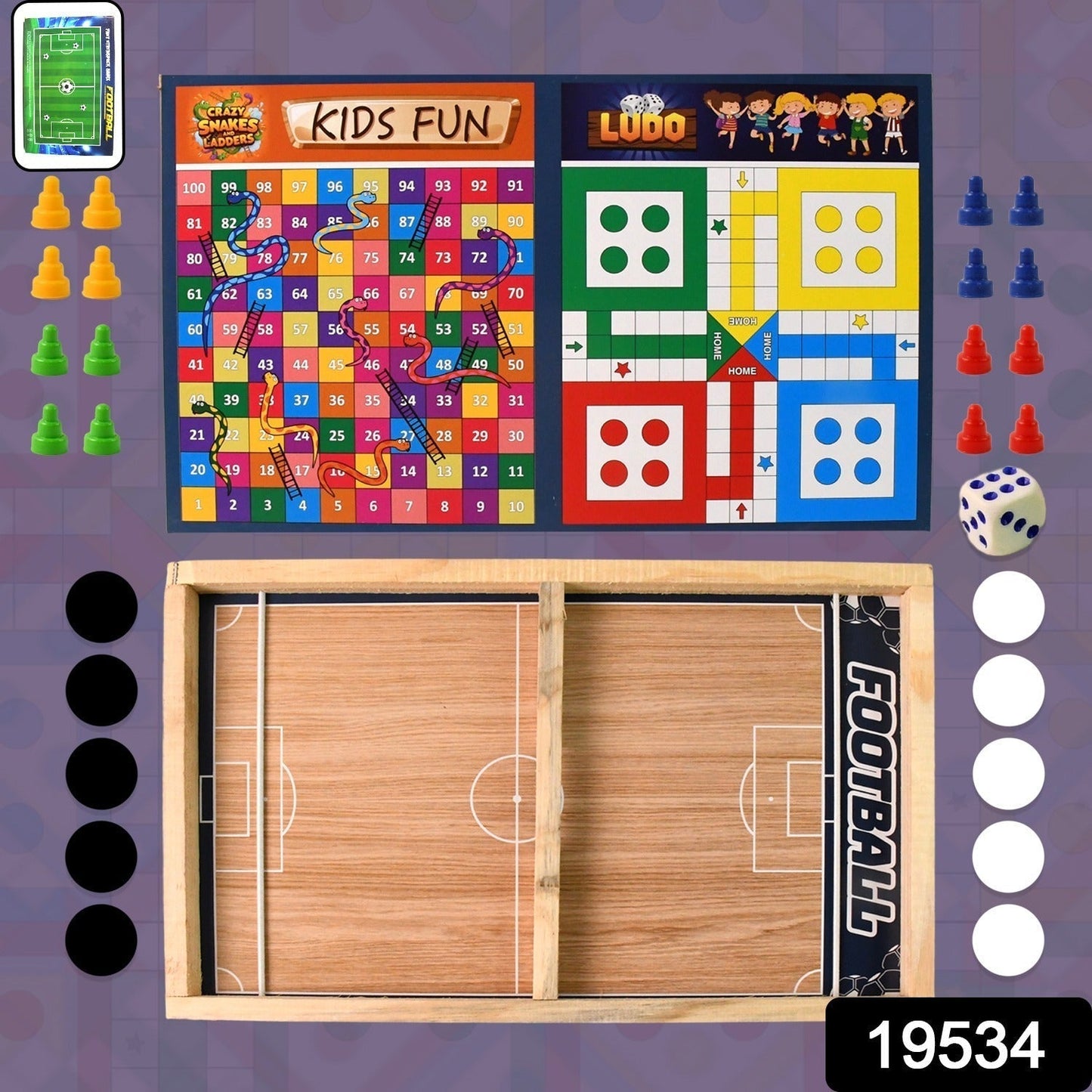 Wooden Board Game Set â€“ Ludo, Snakes & Ladders, and Desktop Football (3-in-1)