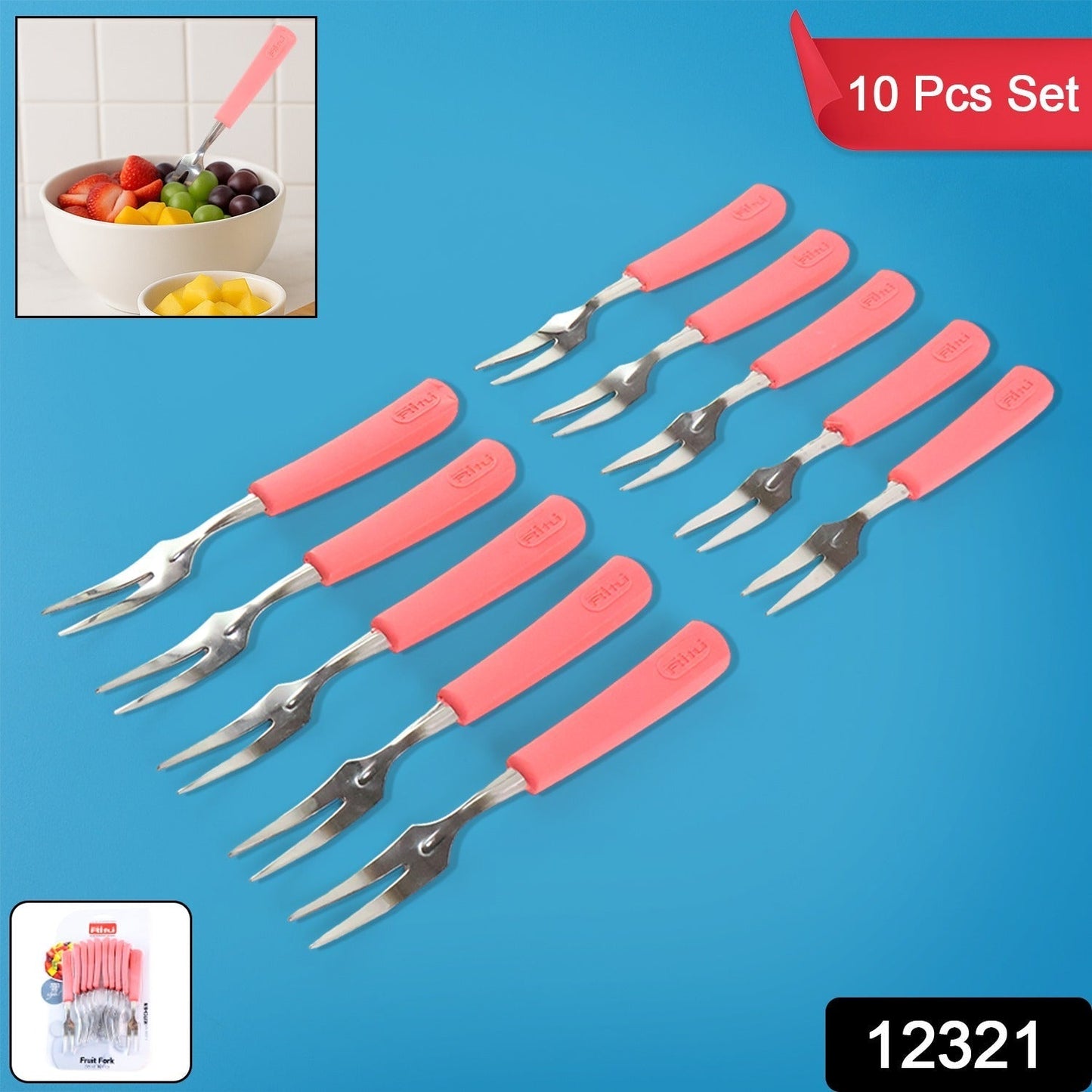 Premium Stainless Steel Fruit Fork Set â€“ 10 Pieces with Soft Non-Slip Handle