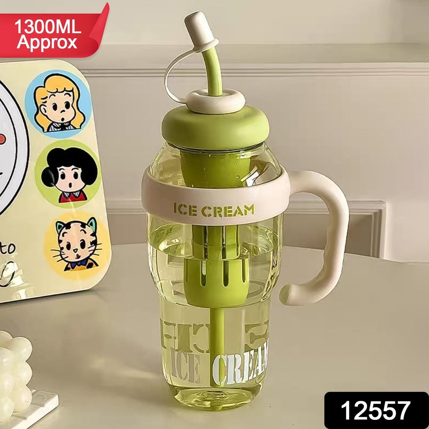 Approx 1300ML Large Capacity Cute Ice Cream Themed Water Bottle with Handle, Straw & Fruit Infuser â€“ Leakproof Sipper for Kids & Adults