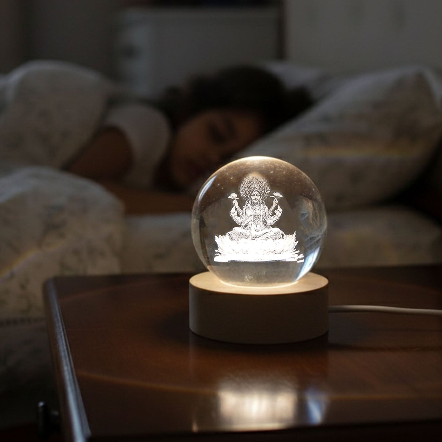 3D Crystal Lakshmi Ball LED Night Lamp with Wooden Base