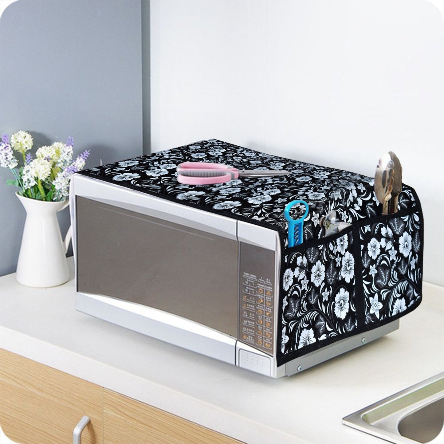 Microwave/Oven Top Cover with 4 Utility Pockets (Mix Design)