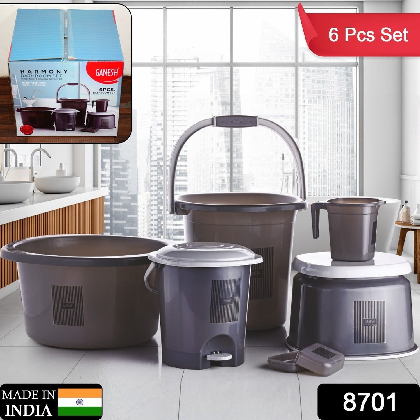 Plastic Bathroom Accessories Set (Mix Color / 6 Pc)