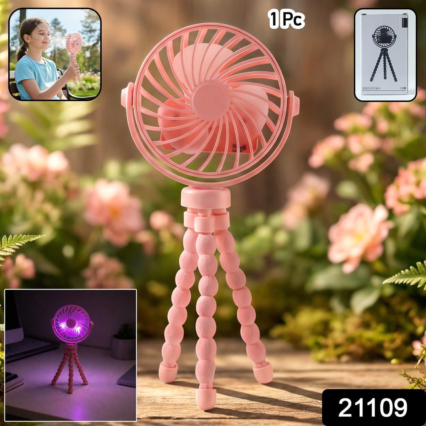 Portable Rechargeable LED Light Fan with Flexible Tripod Stand (1 Pc)