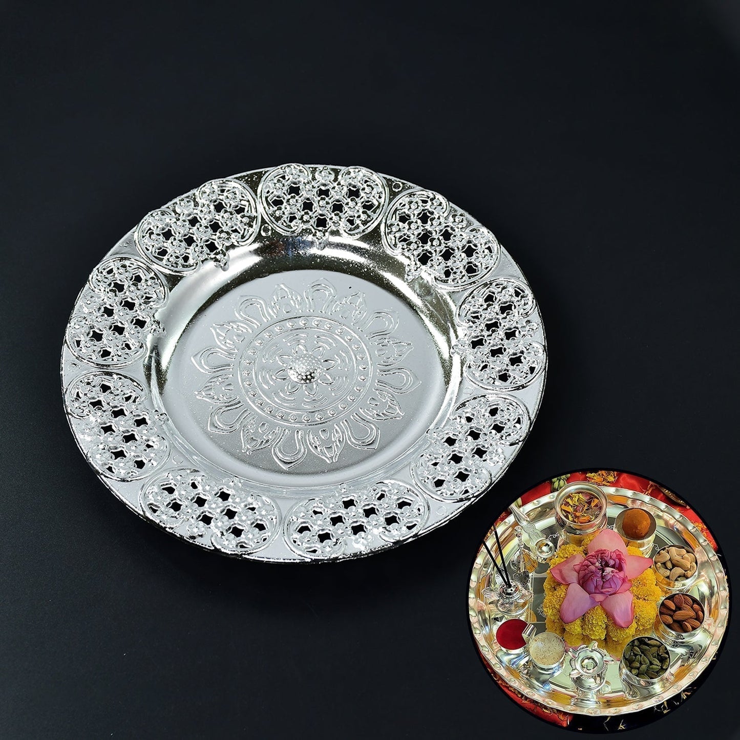 Beautiful 8-Inch Plastic Pooja Thali Set – Perfect for Daily Use & Special Occasions (Plastic)