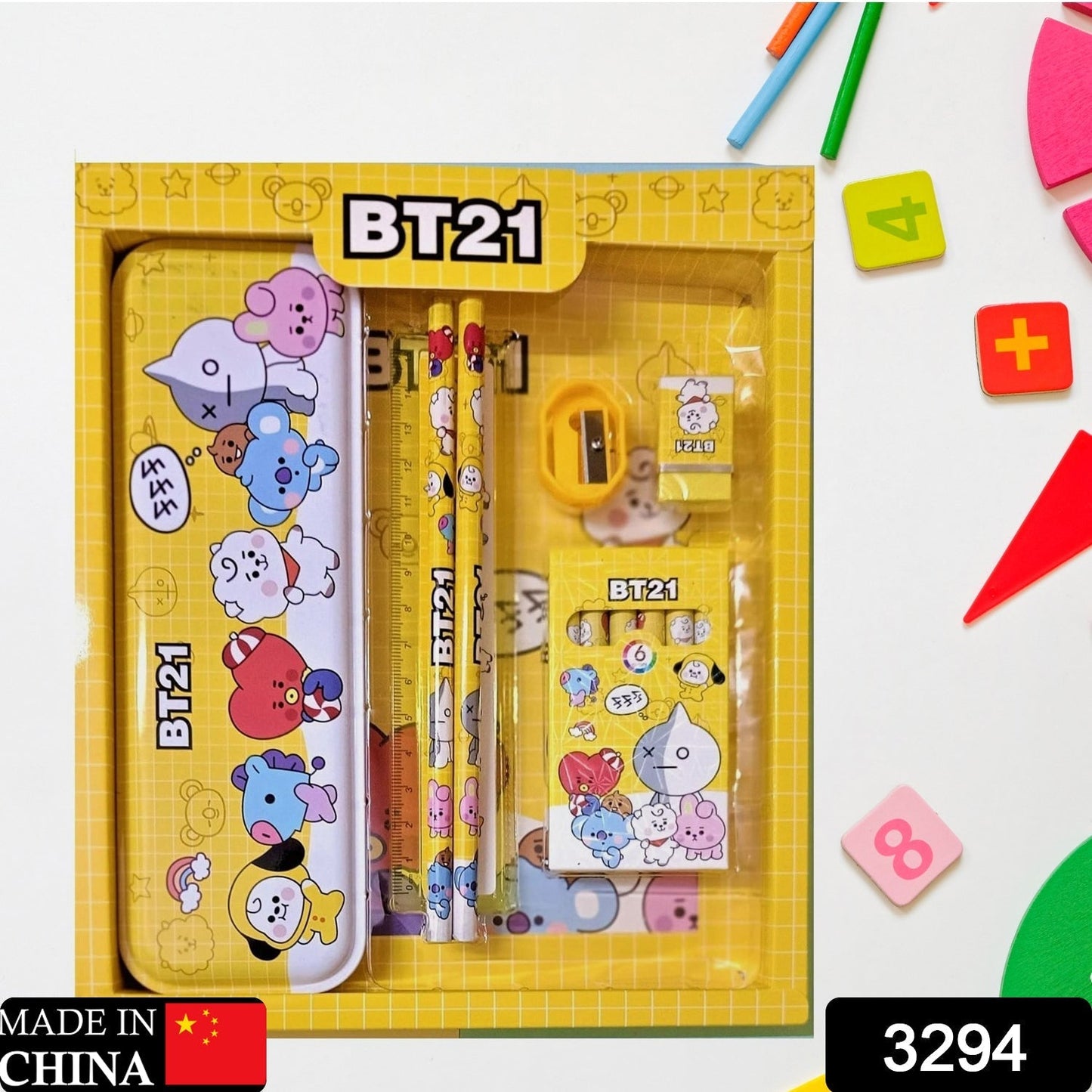 Stationery Kit for Kids - Metal Pencil Box, Sharpener, Pencil & Eraser (12 Pc Set)